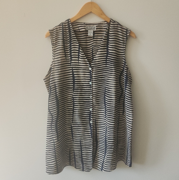 Le Caviar Tops - Le Caviar Striped Button Front Sleeveless Blouse XL Navy Ivory Top